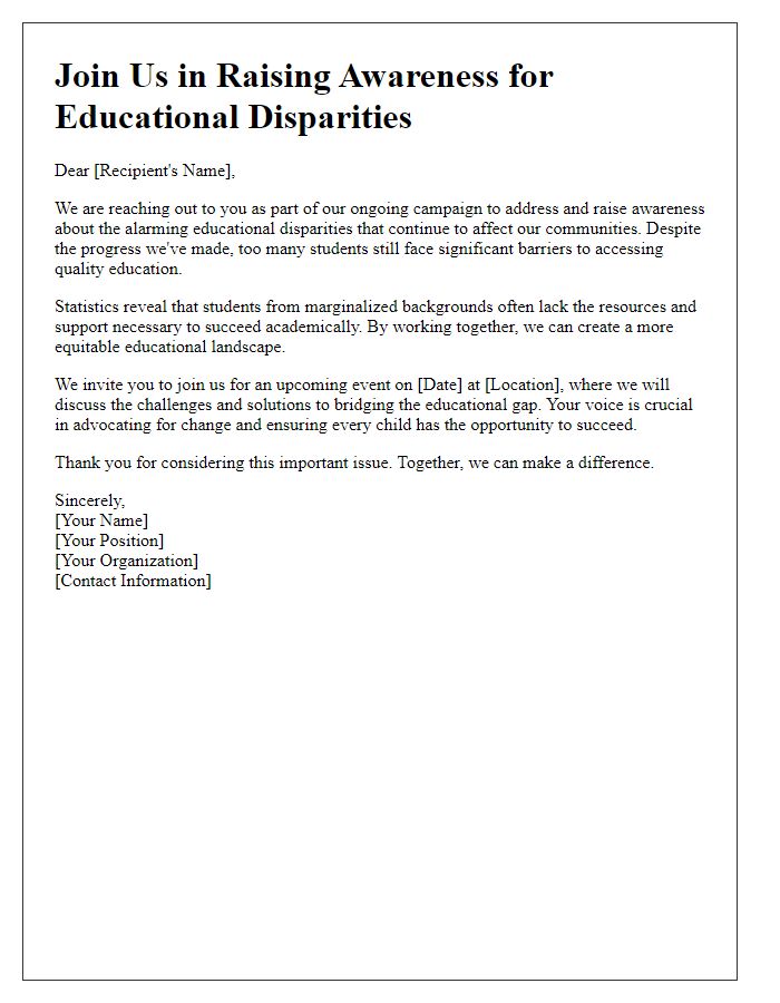 Letter template of awareness campaign for educational disparities.