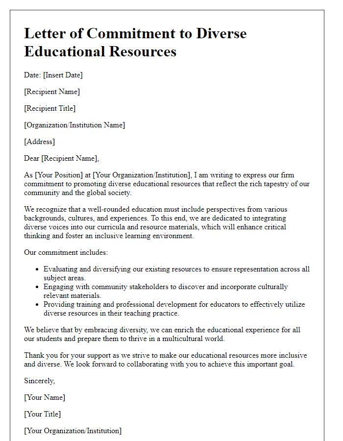 Letter template of commitment to diverse educational resources.