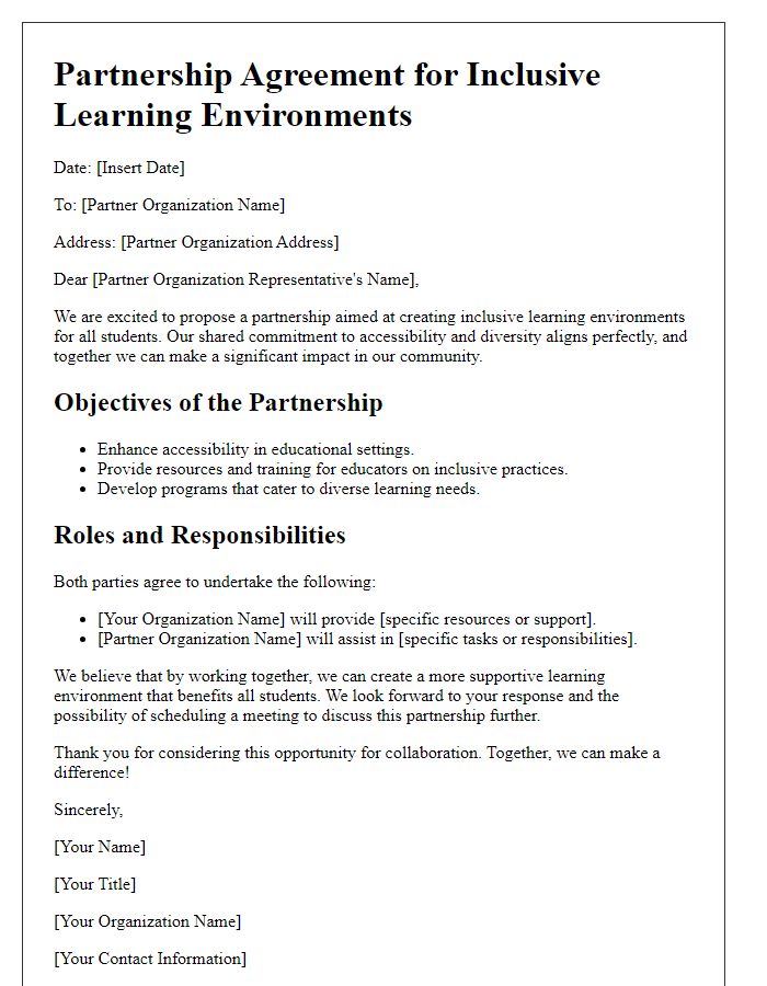 Letter template of partnership for inclusive learning environments.