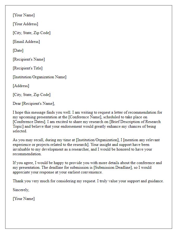 Letter template of recommendation request for a conference presentation.