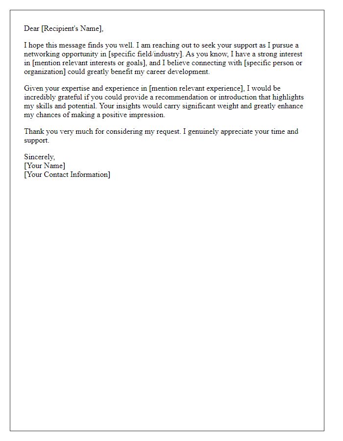 Letter template of recommendation request for a networking opportunity.