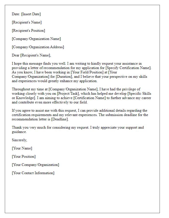 Letter template of recommendation request for a professional certification.