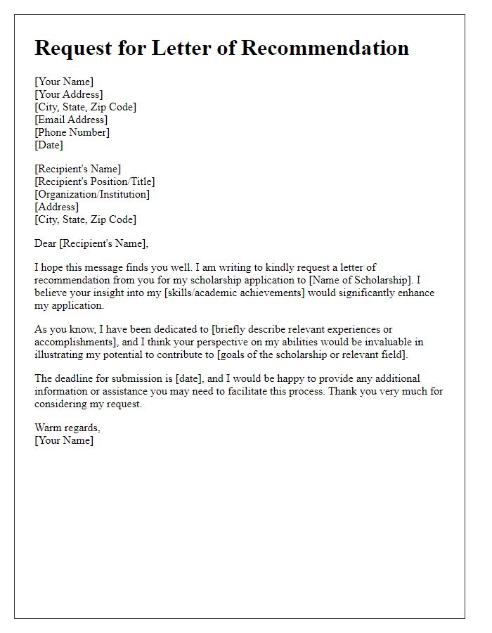 Letter template of recommendation request for a scholarship application.