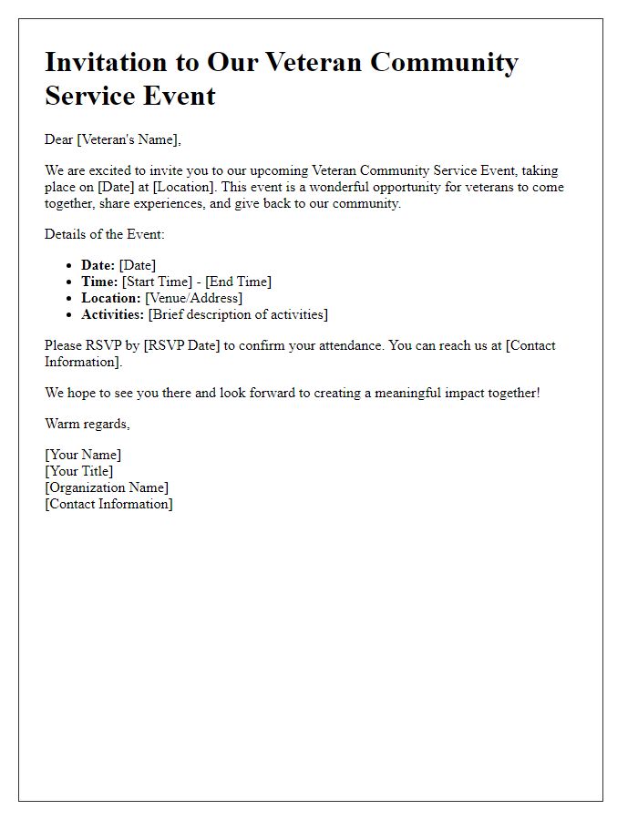 Letter template of invitation to veteran community service events