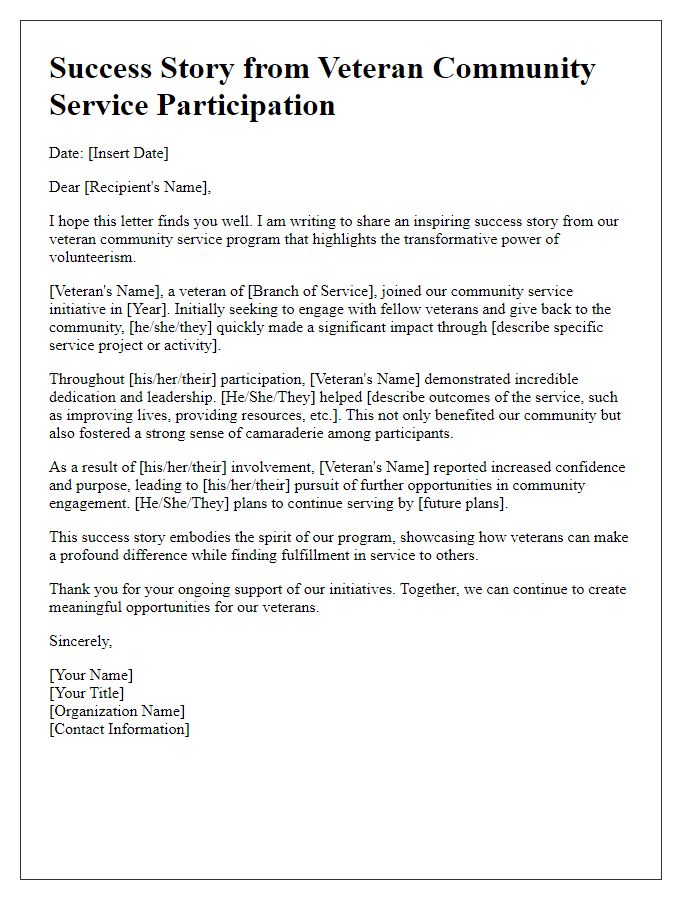 Letter template of success story from veteran community service participation