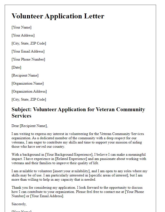 Letter template of volunteer application for veteran community services