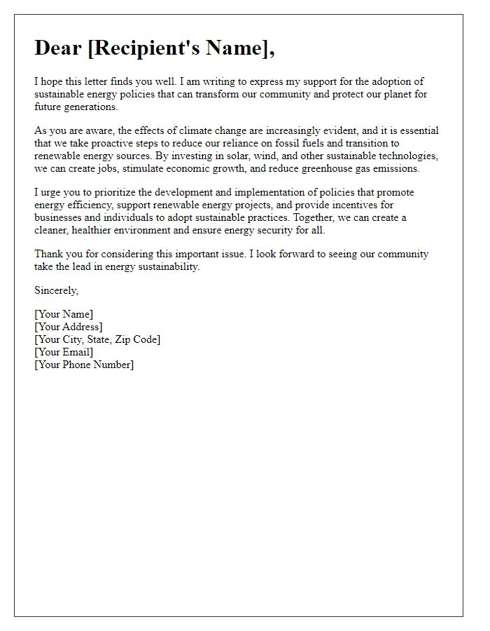 Letter template of advocacy for sustainable energy policies