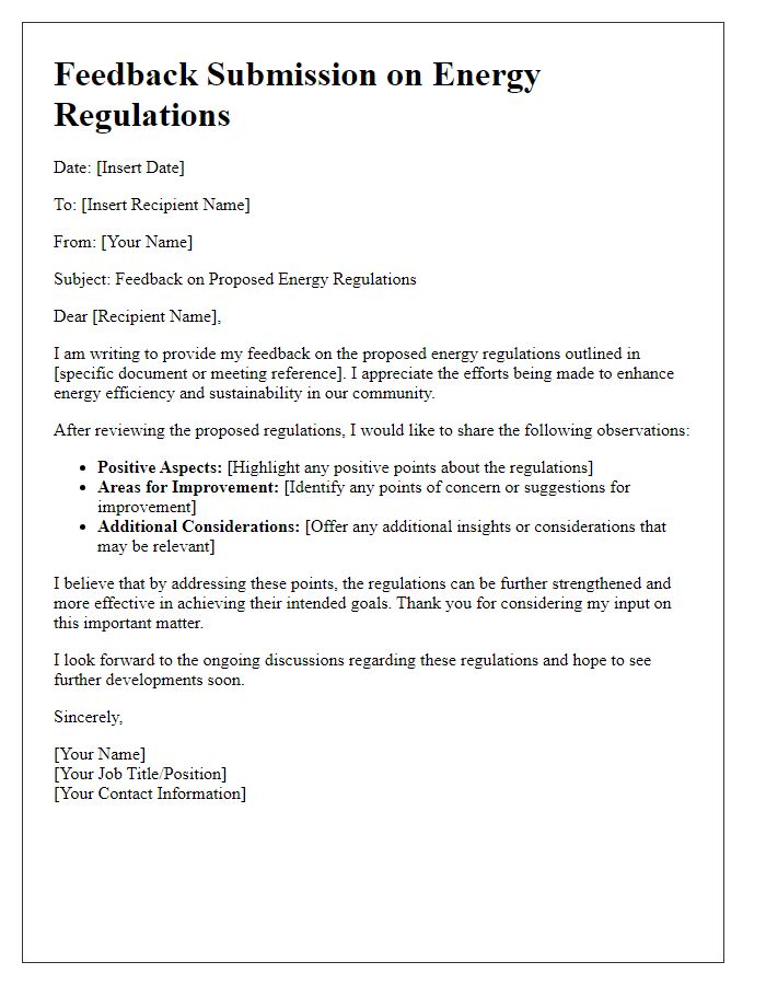 Letter template of feedback on energy regulations