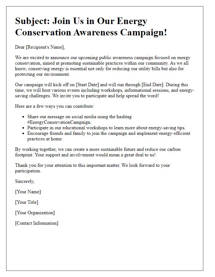 Letter template of public awareness campaign for energy conservation