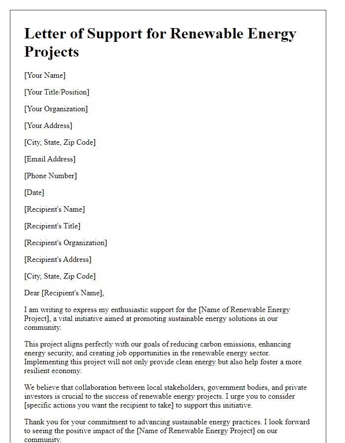 Letter template of support for renewable energy projects