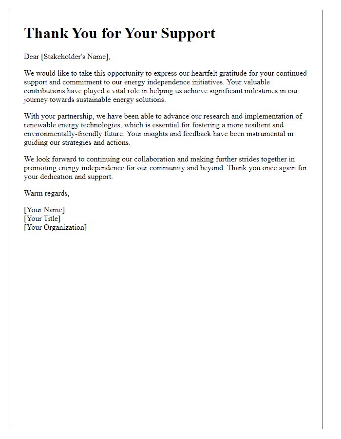 Letter template of thank you to stakeholders in energy independence