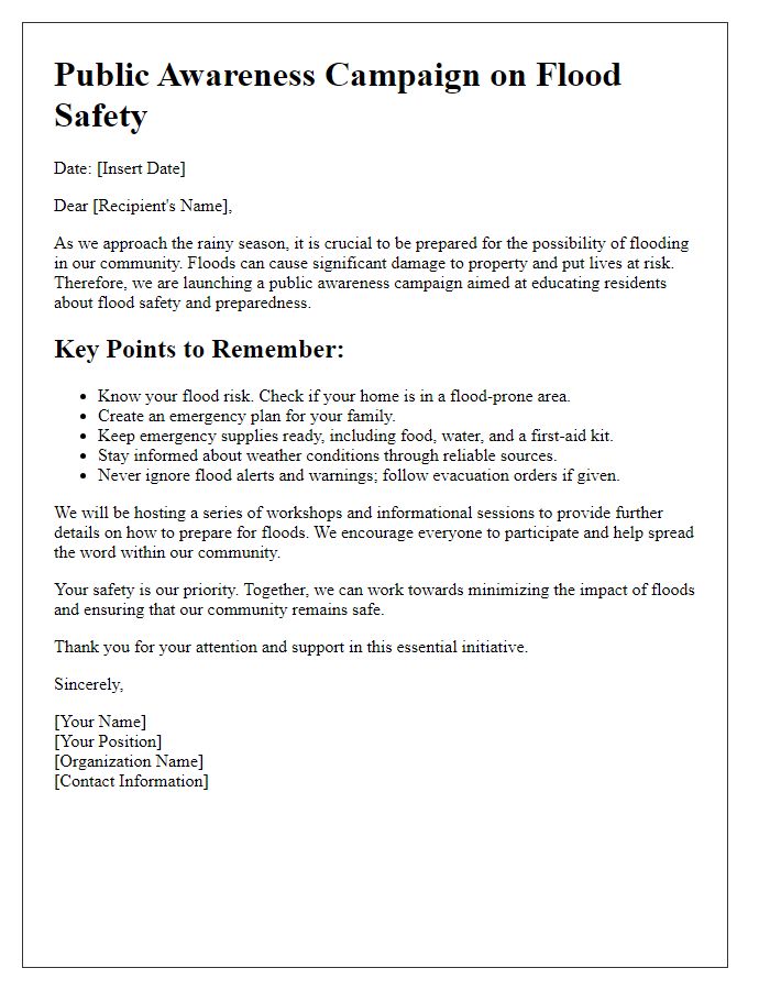 Letter template of public awareness campaigns on flood safety