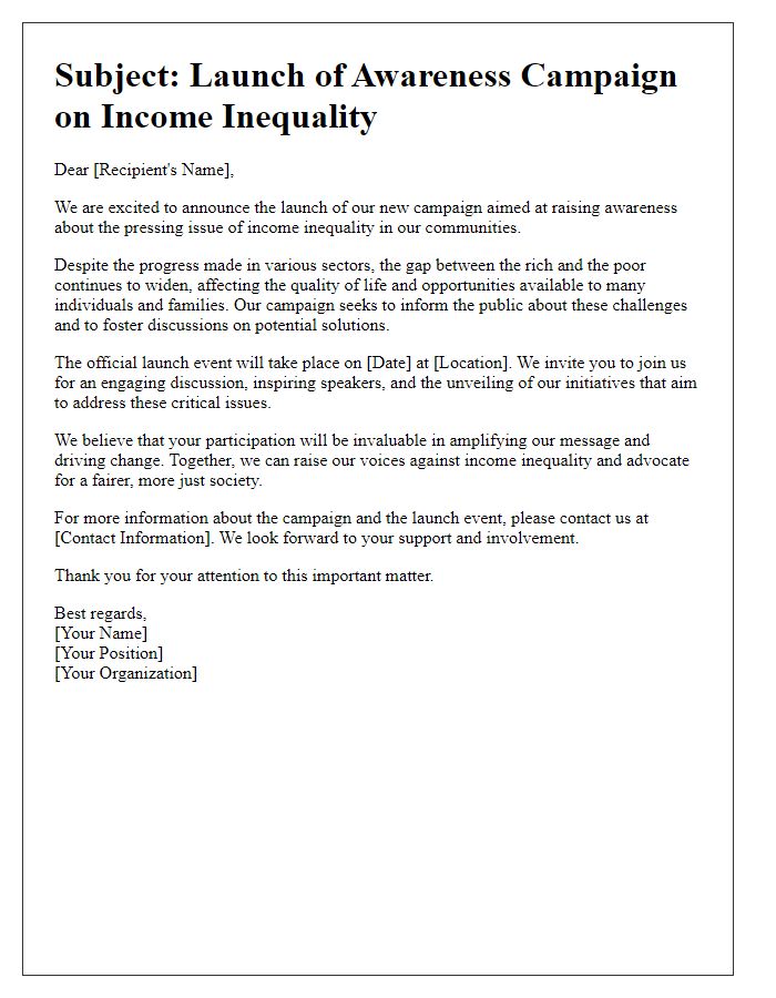 Letter template of awareness campaign launch regarding income inequality issues.