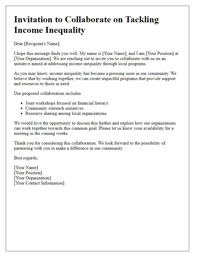 Letter template of collaboration invitation to tackle income inequality through local programs.