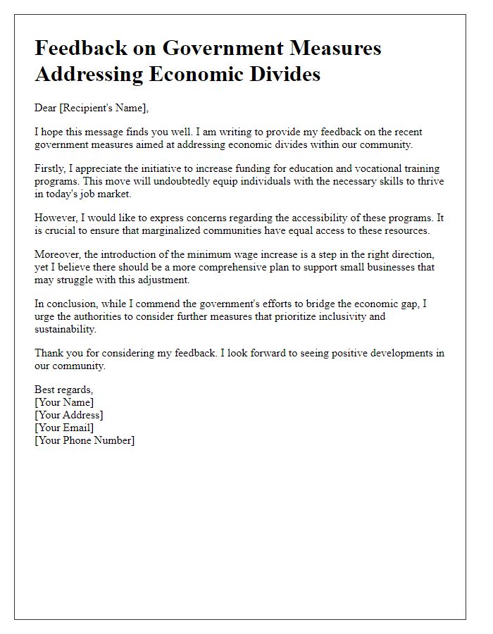 Letter template of feedback on government measures addressing economic divides.