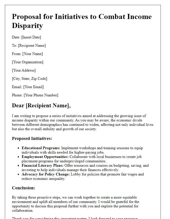 Letter template of proposal for initiatives to combat income disparity.