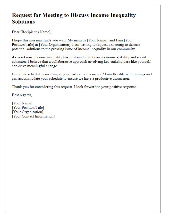 Letter template of request for a meeting to discuss income inequality solutions.