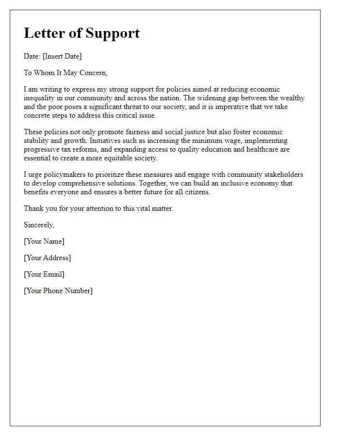 Letter template of support for policies aimed at reducing economic inequality.