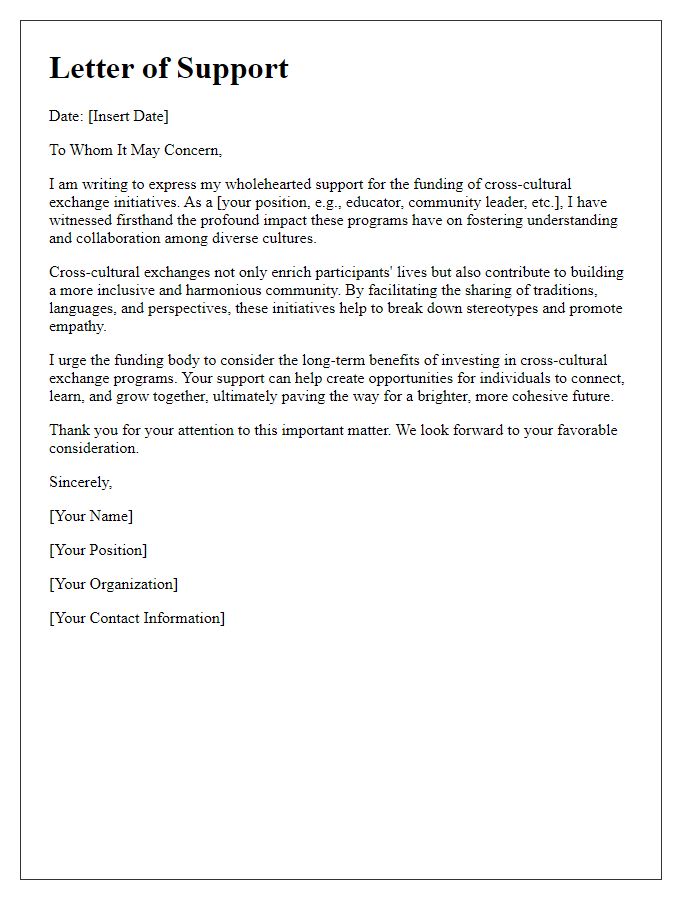 Letter template of support for funding cross-cultural exchange initiatives