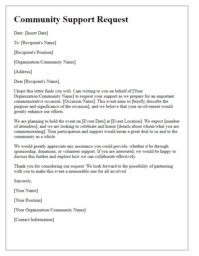 Letter template of community support request for commemorative occasion