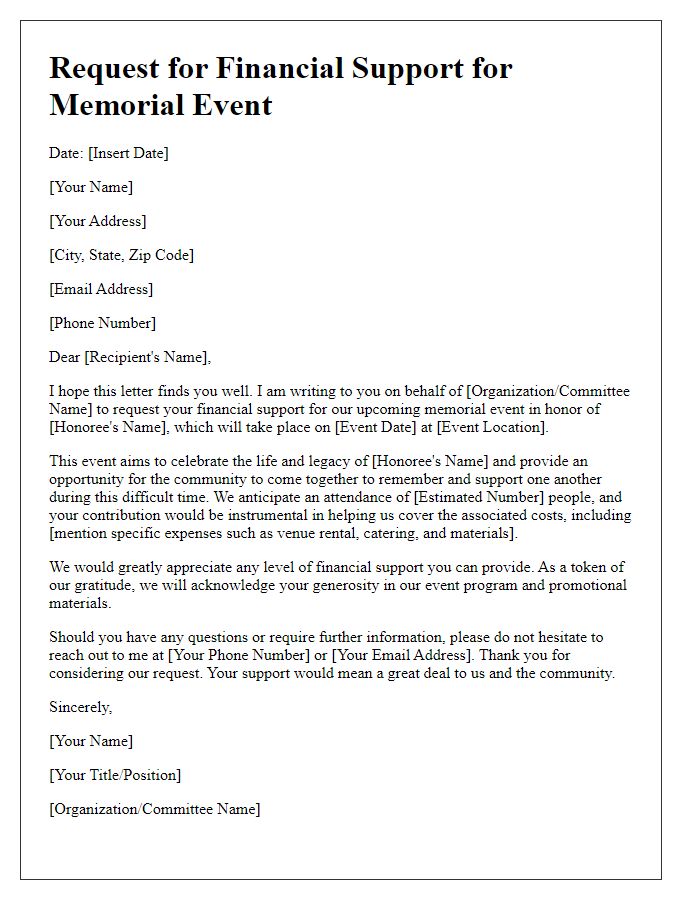 Letter template of financial support solicitation for memorial event