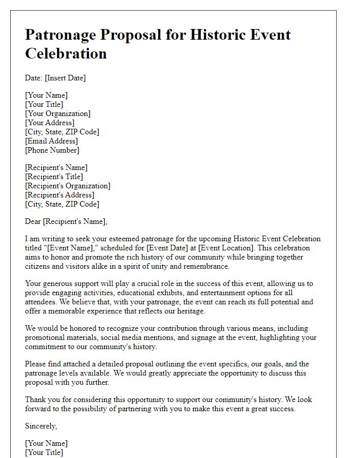 Letter template of patronage proposal for historic event celebration