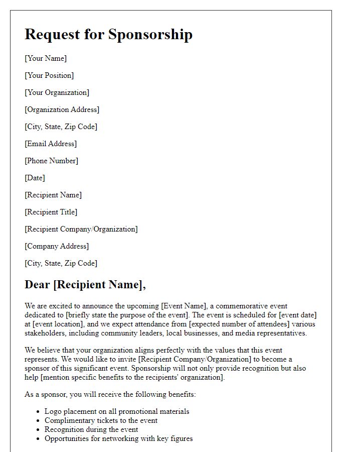 Letter template of sponsorship request for commemorative event recognition