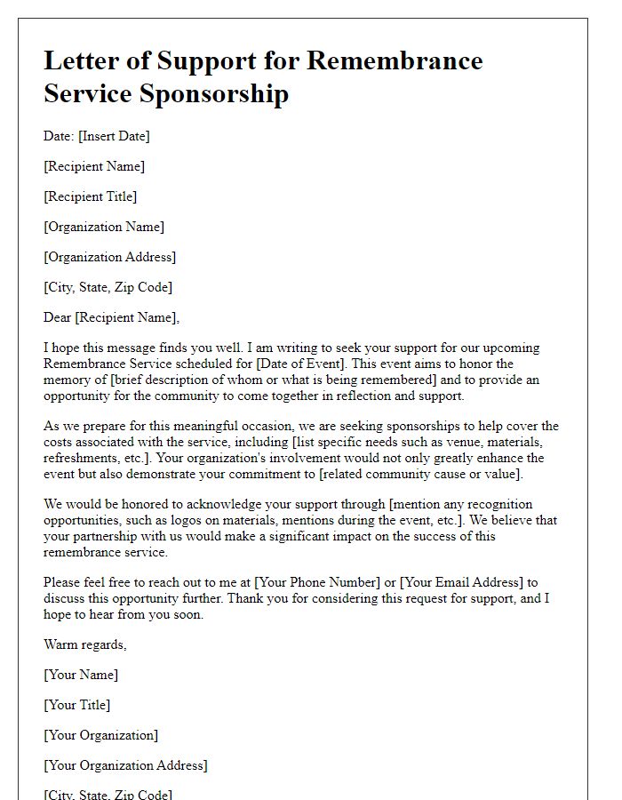 Letter template of support seek for remembrance service sponsorship