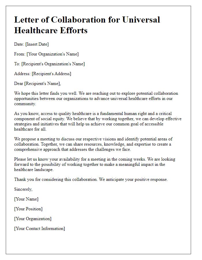 Letter template of collaboration for universal healthcare efforts