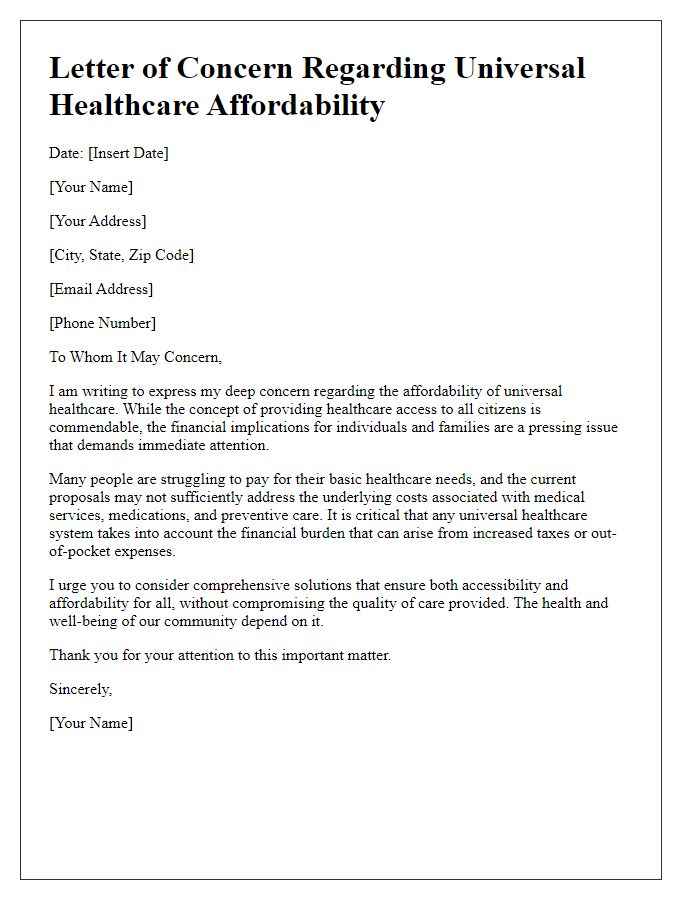 Letter template of concern regarding universal healthcare affordability