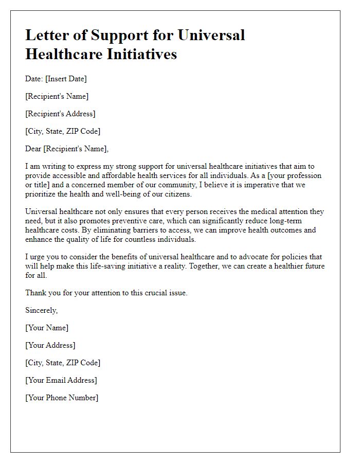 Letter template of support for universal healthcare initiatives