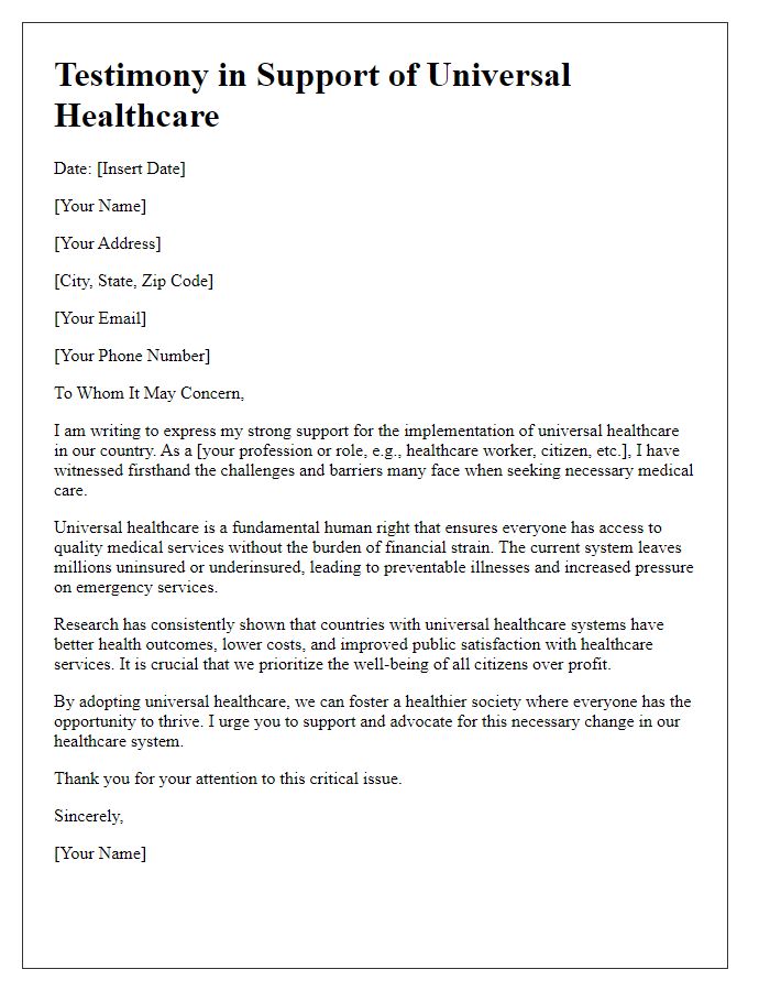 Letter template of testimony advocating for universal healthcare