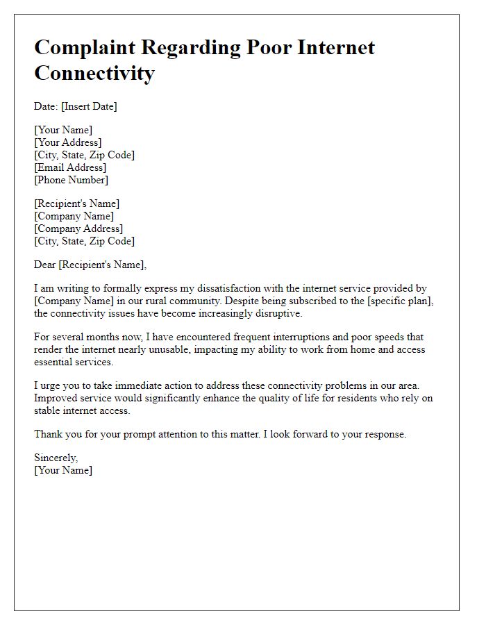 Letter template of complaint regarding poor rural internet connectivity.