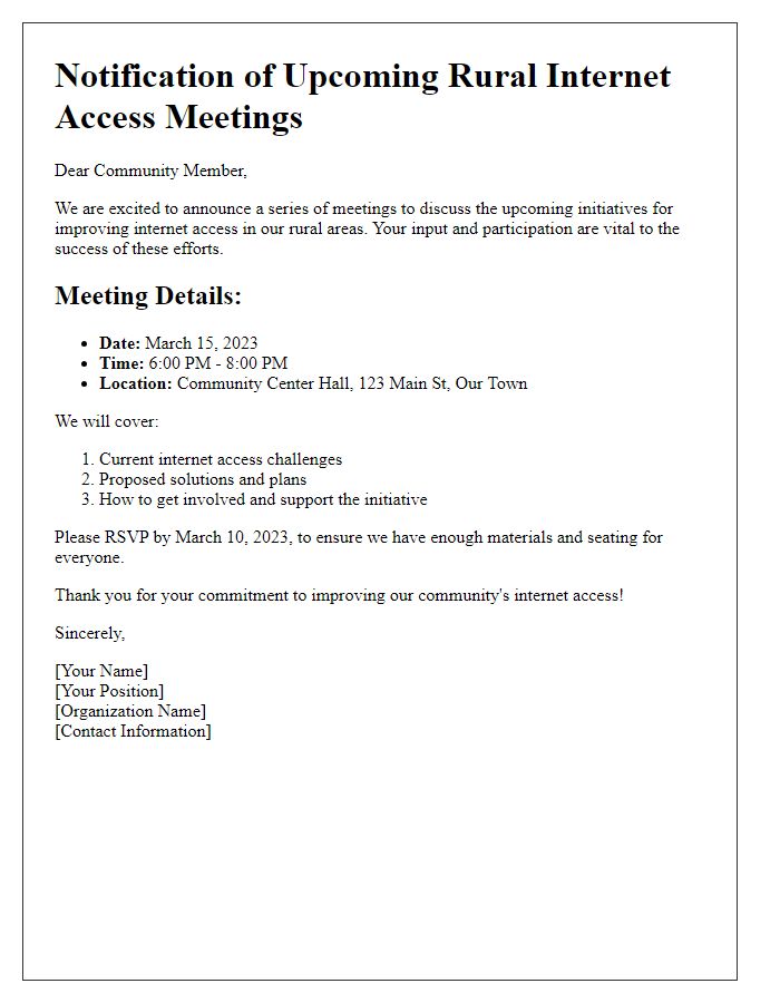 Letter template of notification for upcoming rural internet access meetings.