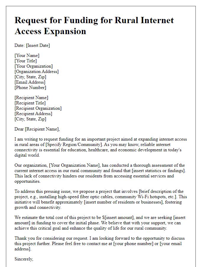 Letter template of request for funding for rural internet access expansion.