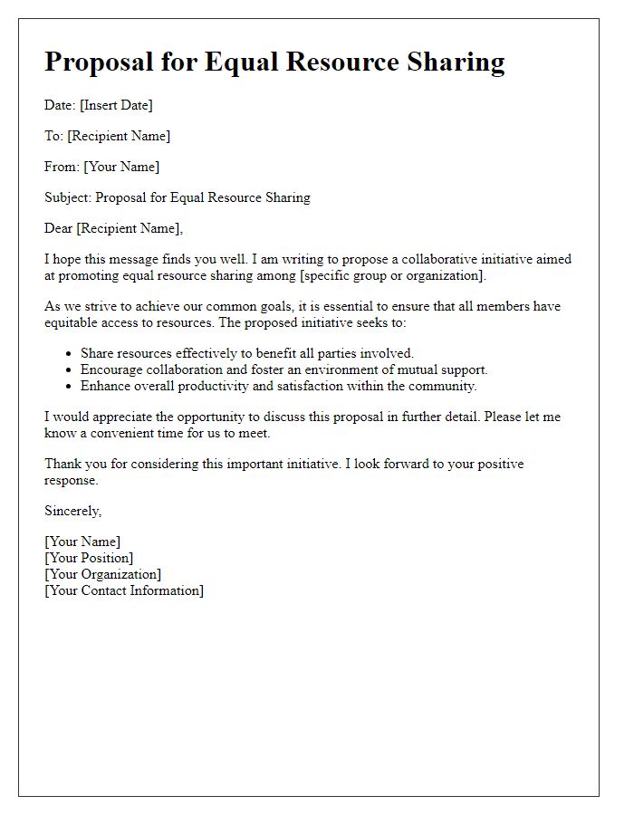 Letter template of proposal for equal resource sharing.