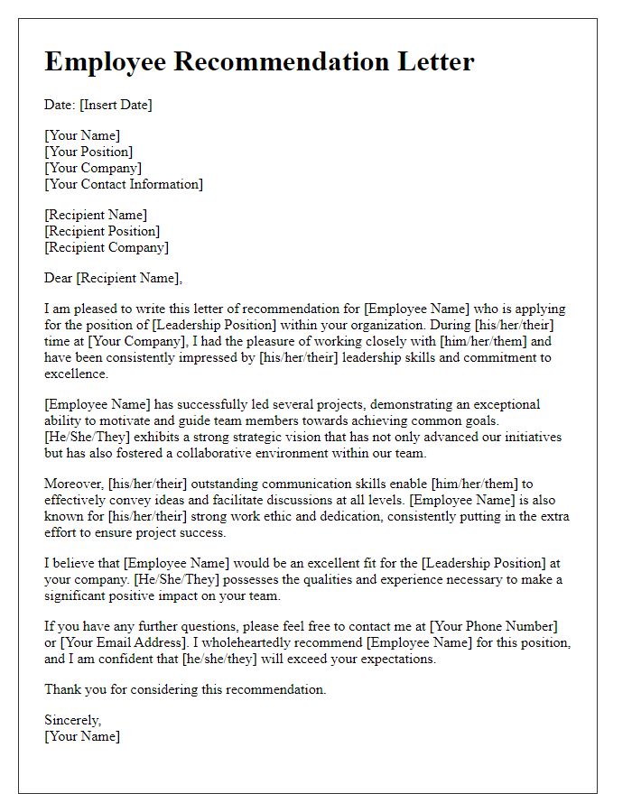 Letter template of employee recommendation for leadership position