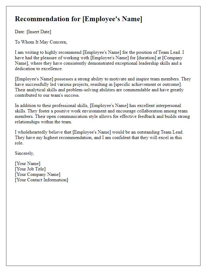 Letter template of employee recommendation for team lead position