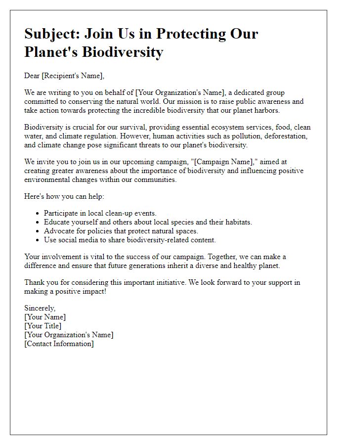 Letter template of biodiversity protection campaign for public awareness.