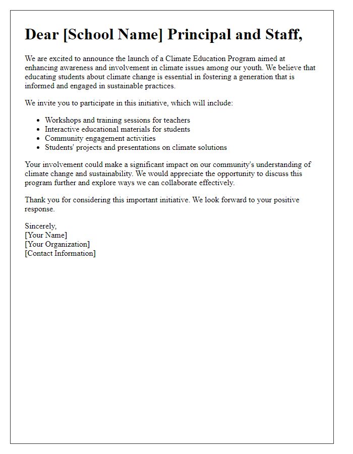 Letter template of climate education program for school involvement.