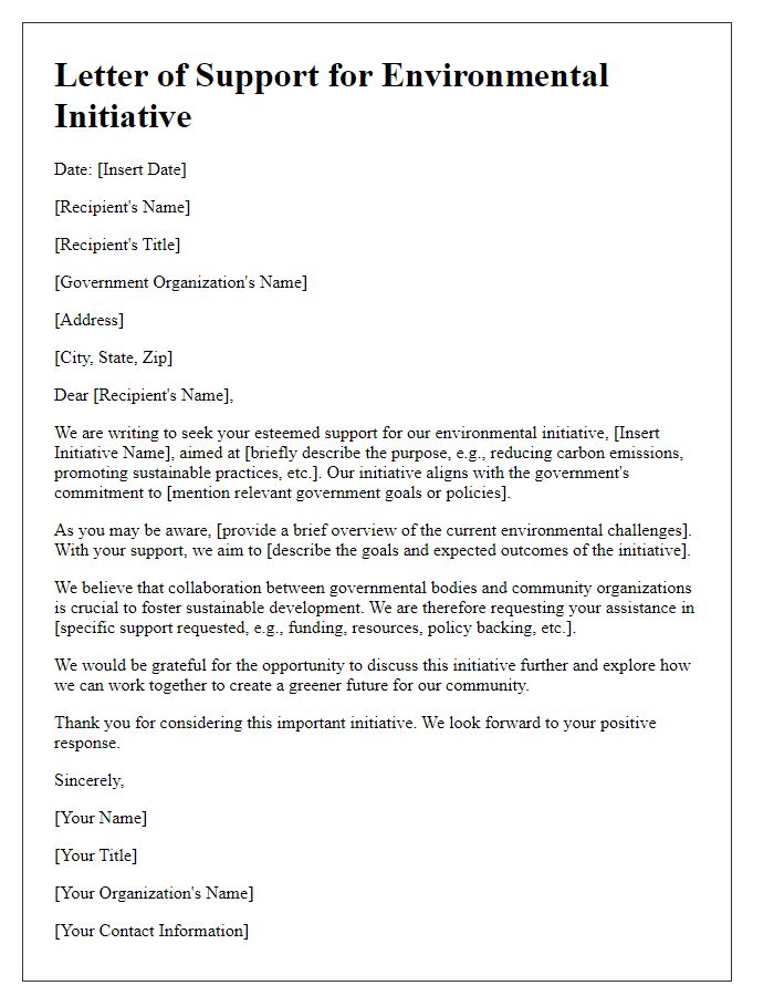 Letter template of environmental initiative for governmental support.