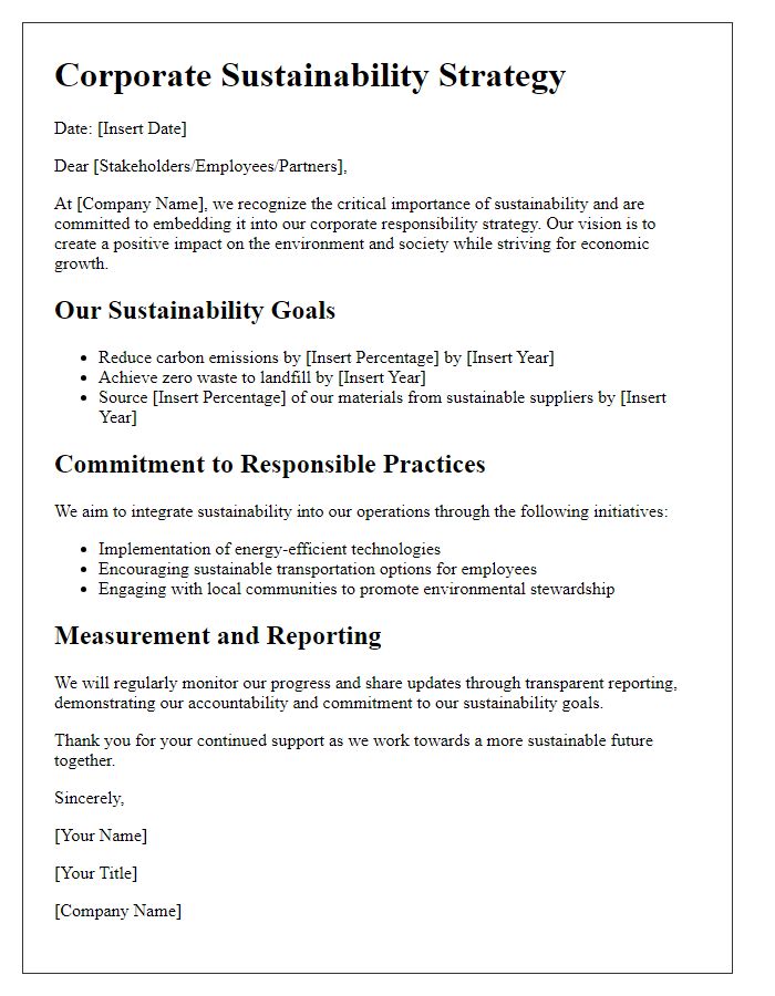 Letter template of sustainability strategy for corporate responsibility.