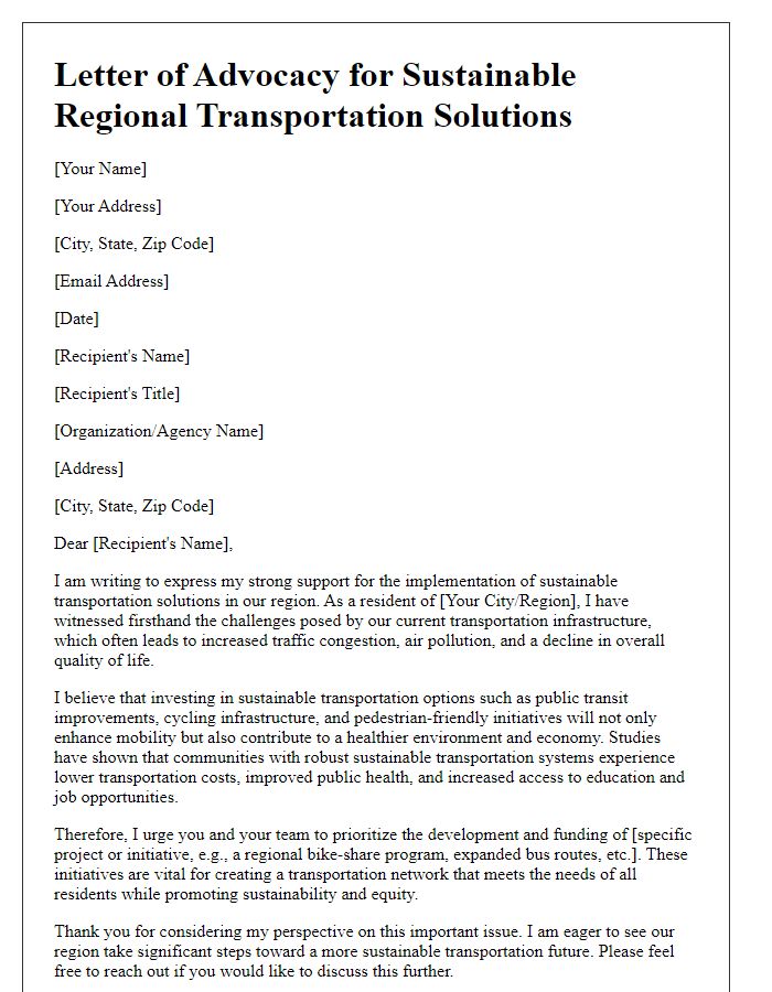 Letter template of advocacy for sustainable regional transportation solutions