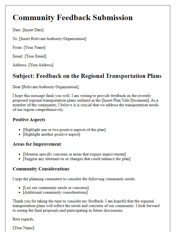 Letter template of community feedback on regional transportation plans