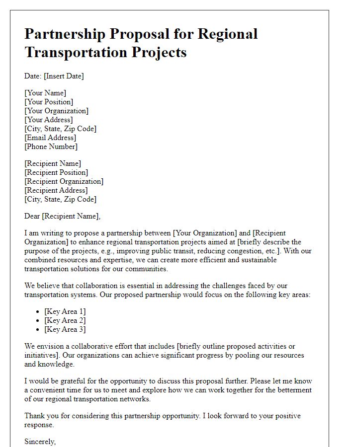 Letter template of partnership proposal for regional transportation projects