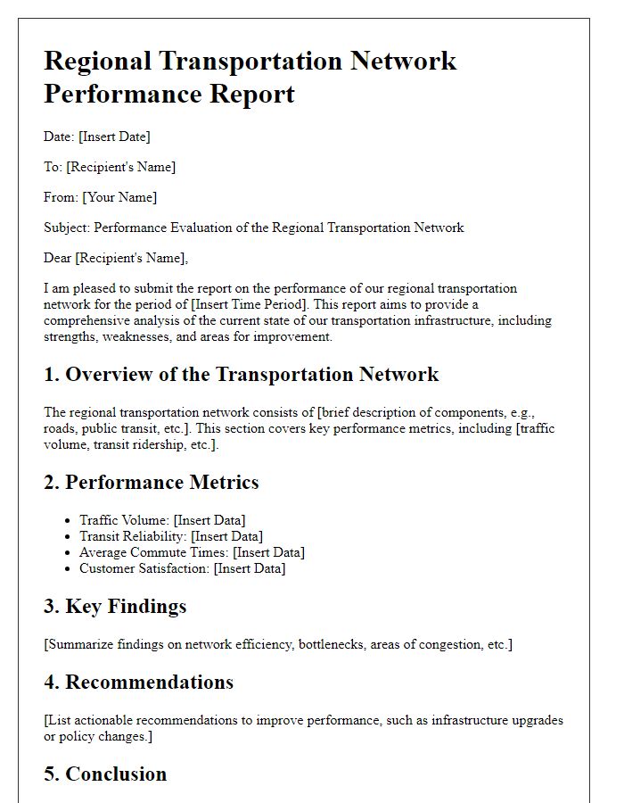 Letter template of report on regional transportation network performance