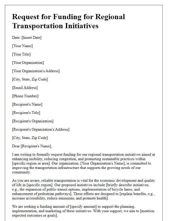 Letter template of request for funding for regional transportation initiatives