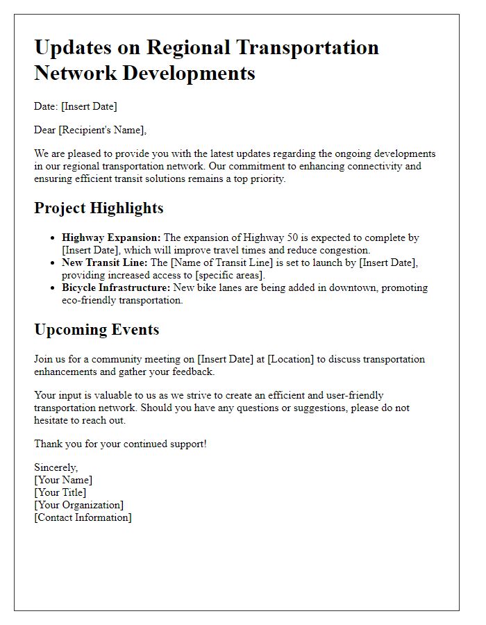 Letter template of updates on regional transportation network developments