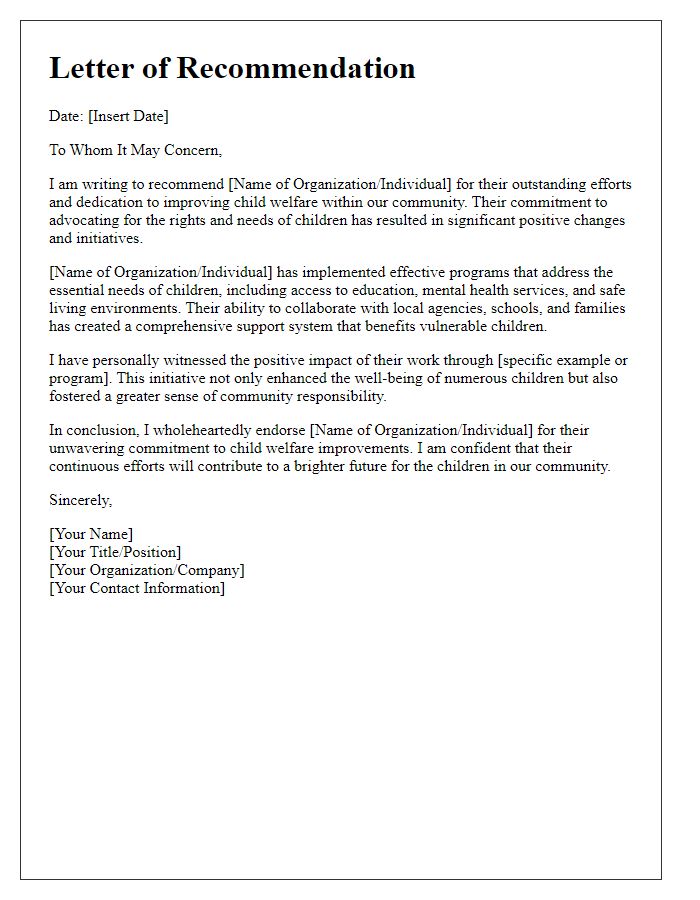 Letter template of recommendation for child welfare improvements