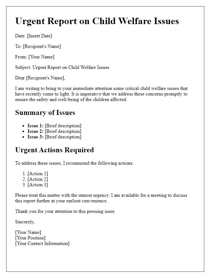 Letter template of urgent report on child welfare issues